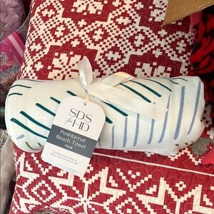 Peshtemal Beach Towel - White with Blue and Green Accents